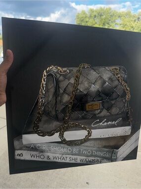 CHANEL Black Quilted Shoulder Bag Print with Gold Chain Wall Art